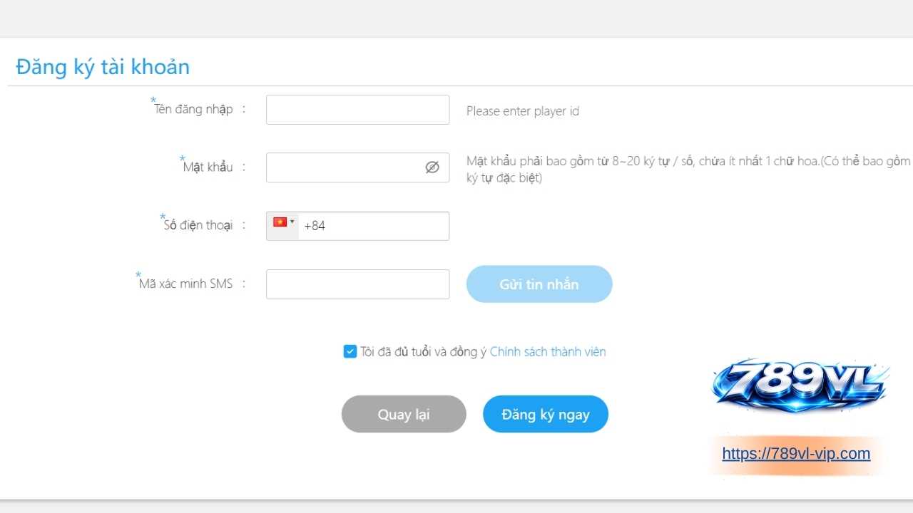 điền thông tin đăng ký 789vl